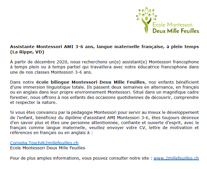 Assistant E Montessori Ami 3 6 Ans Langue Maternelle Francaise A Plein Temps La Rippe Vd Association Montessori Suisse