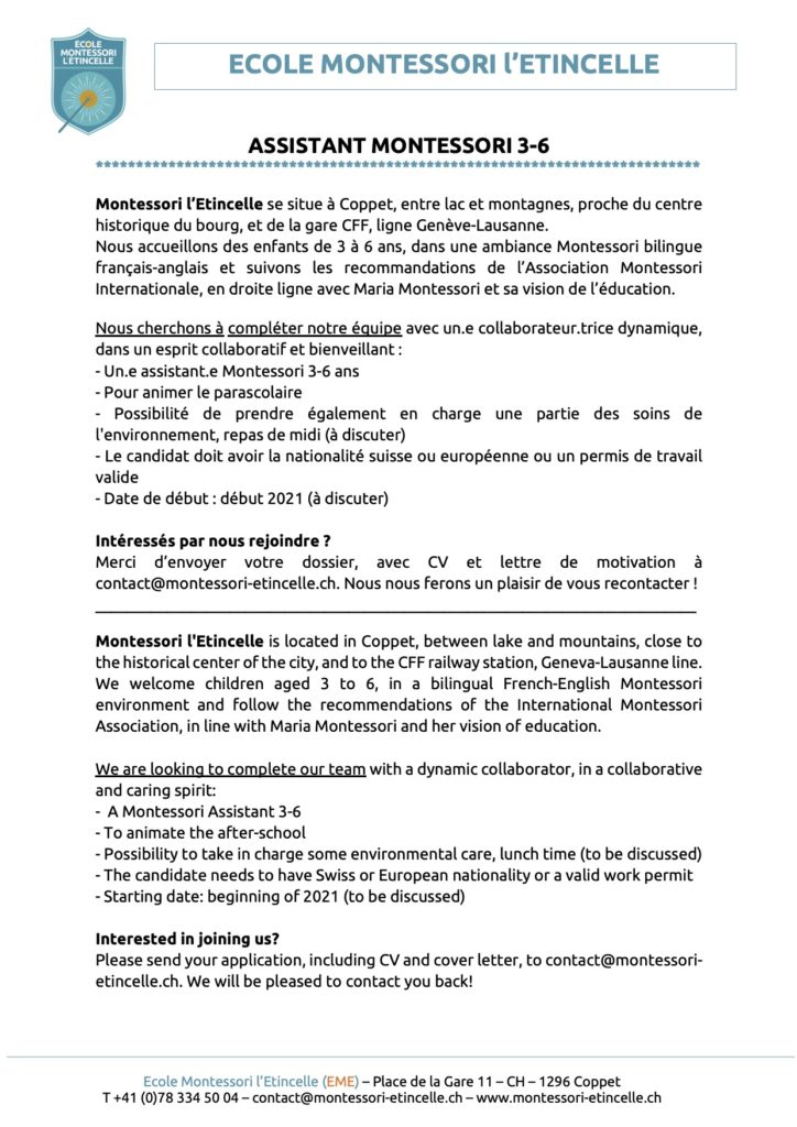 Assistant Montessori 3 6 Ans Coppet Vd Association Montessori Suisse